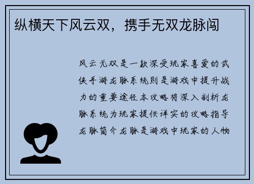纵横天下风云双，携手无双龙脉闯